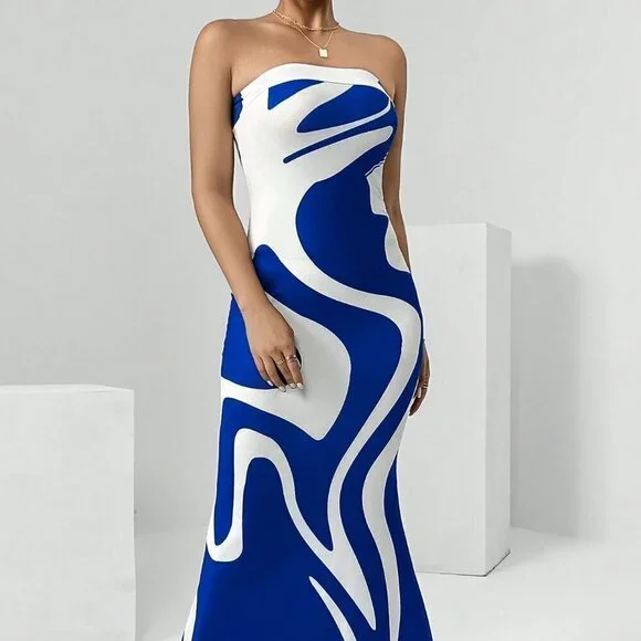 Blue Preppy Womens Graphic Two Tone Bodycon Tube Dress - Picture 4 of 5